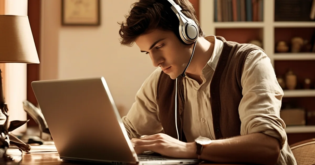 Ragazzo con cuffie e microfono che lavora al portatile alla scrivania di casa