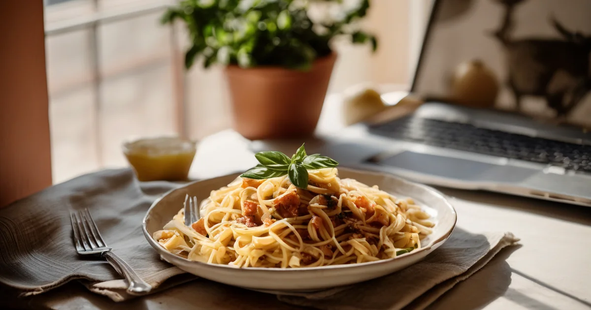 Piatto di pasta sulla scrivania di casa accanto a un portatile