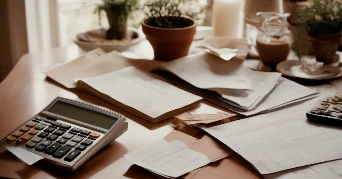 Calcolatrice, ricevute e portatile su una scrivania in ordine