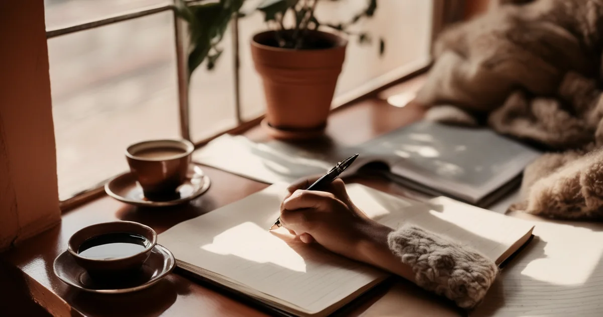 Persona che scrive su un quaderno con la penna stilografica accanto al portatile