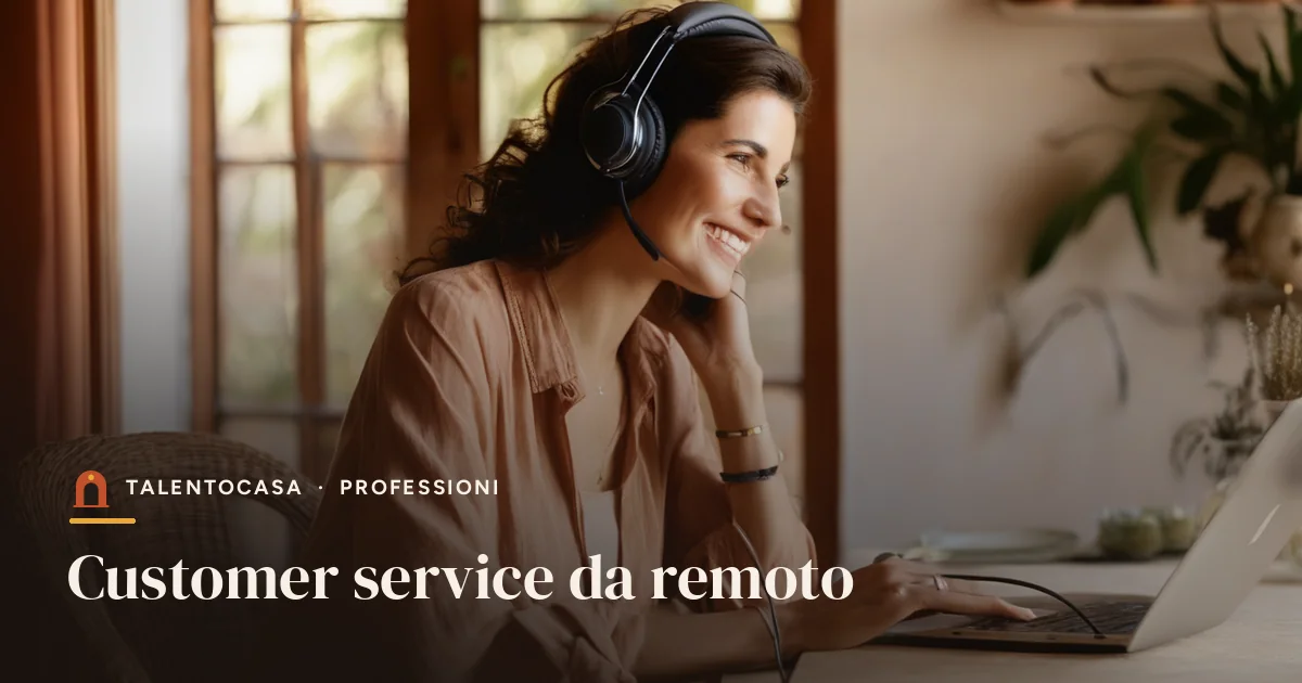 Donna con cuffie e microfono che sorride parlando davanti al portatile