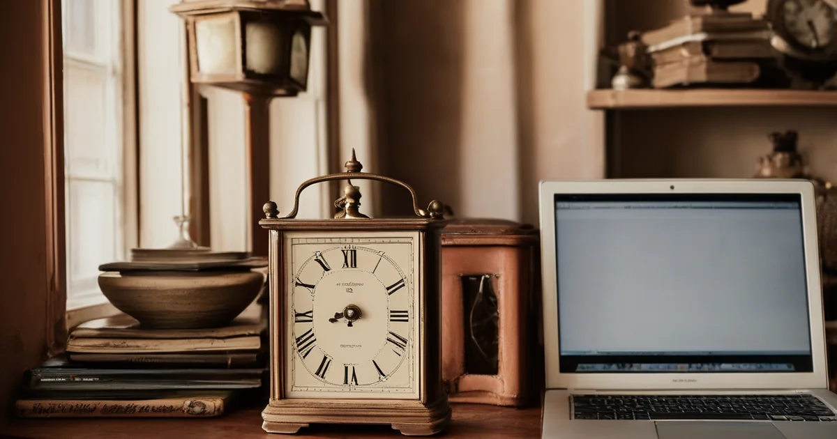 Due orologi su una mensola sopra una scrivania con portatile