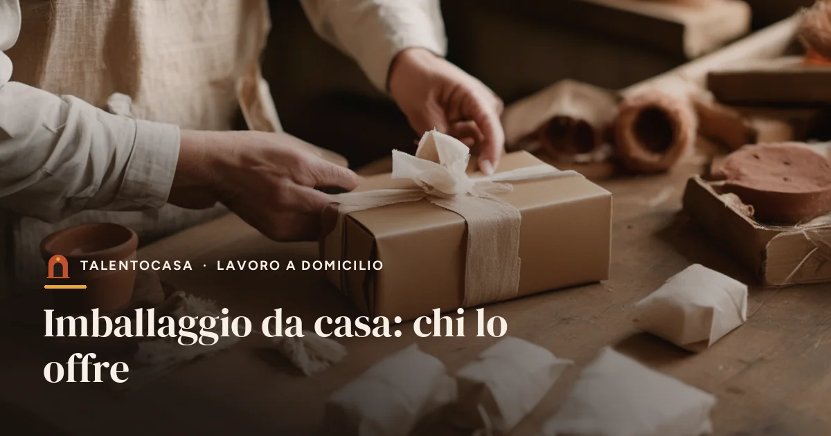 Mani che confezionano un pacco regalo in carta kraft su un banco da lavoro