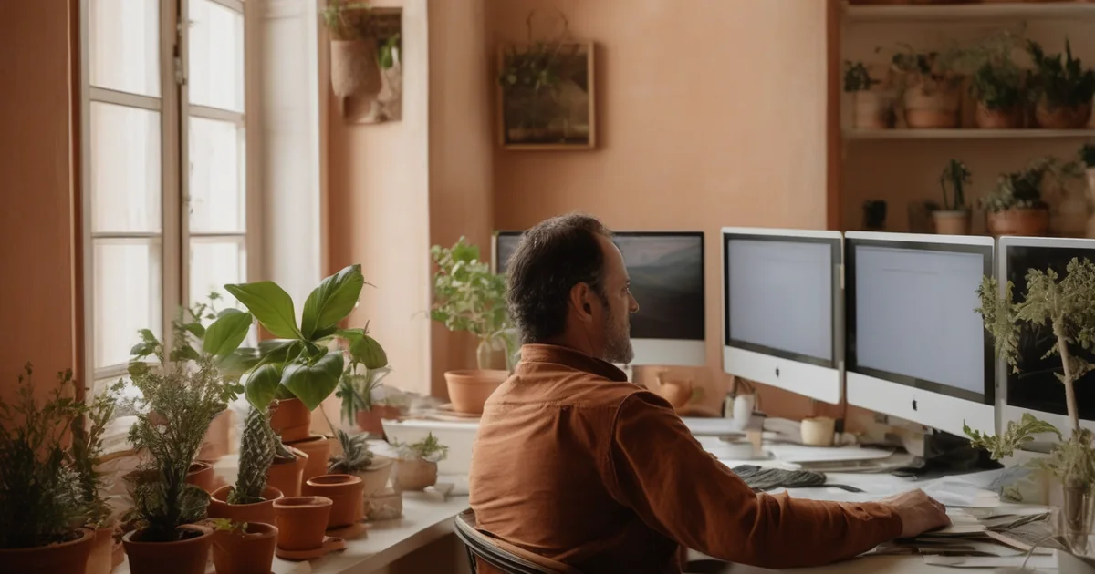 Sviluppatore alla scrivania con due monitor in un appartamento luminoso