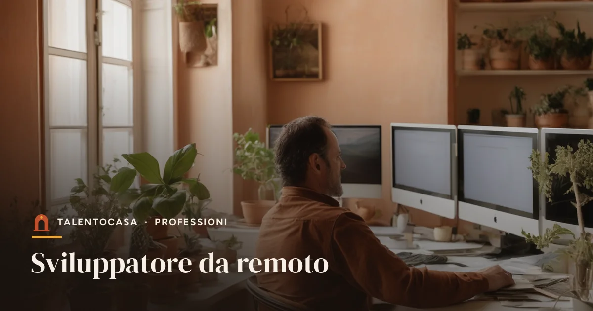Sviluppatore alla scrivania con due monitor in un appartamento luminoso