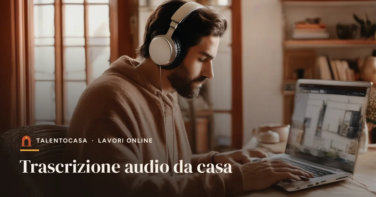 Persona con cuffie che trascrive al portatile con un blocco note accanto