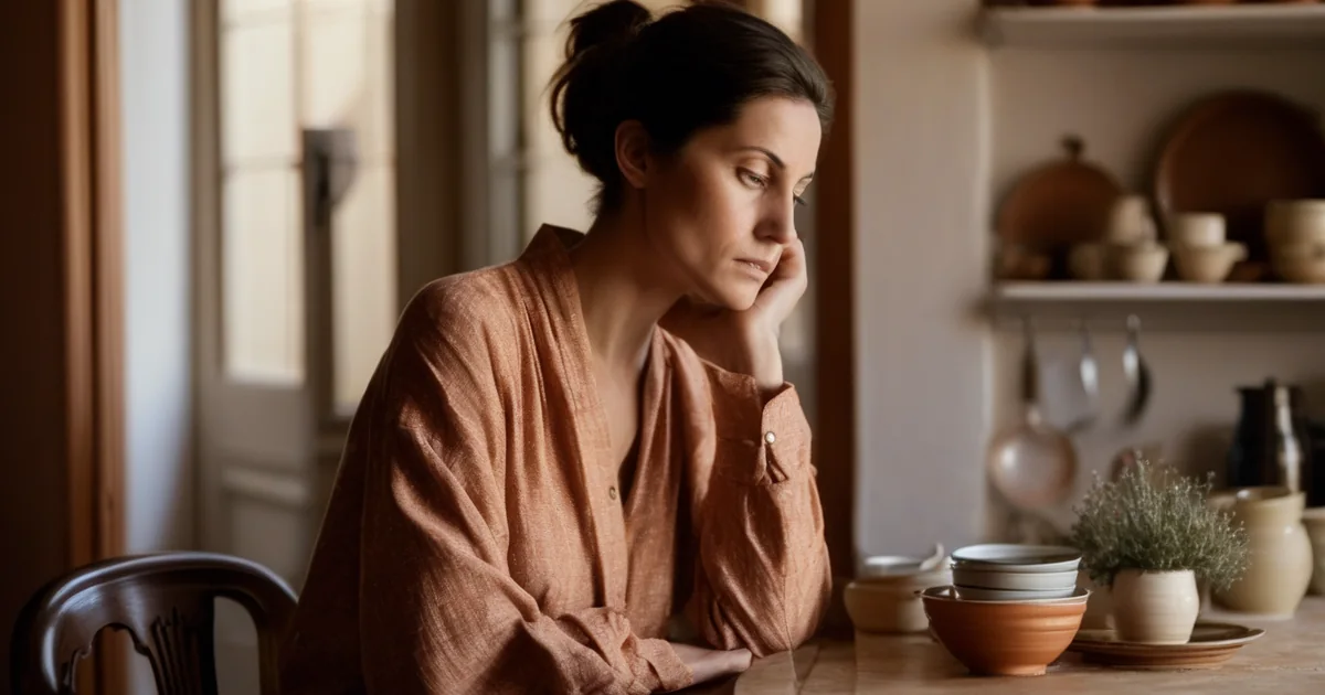 Donna preoccupata che guarda lo smartphone al tavolo di cucina